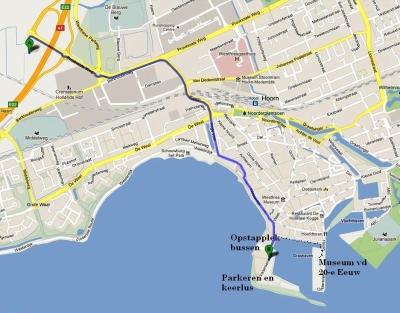 Route voor
touringcar-bussen van A7 naar Visserseiland (opstapplek en draailus
voor bussen)