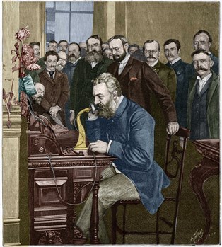 French_School_-_Alexander_Graham_Bell_(1847-1922)_inaugurated_the_New_York-Chicago_long-haul_lin_-_(MeisterDrucke-927113)