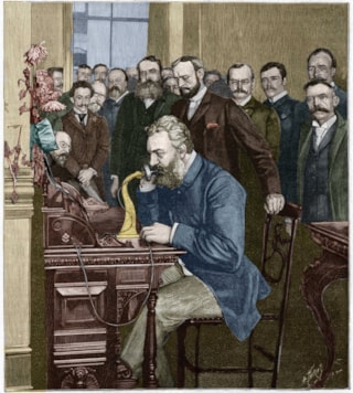 French_School_-_Alexander_Graham_Bell_(1847-1922)_inaugurated_the_New_York-Chicago_long-haul_lin_-_(MeisterDrucke-927113)